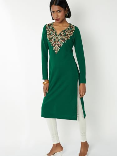Max Women Embroidered Winter Kurta(Green_L)