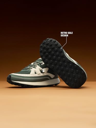 The Souled Store Milano: Olive Women and Girls Low Top Sneakers Olive and Off-White Retro Trainer Microfibre Suede and Engineered Mesh Cushioned Sole Chunky Retro Sneakers
