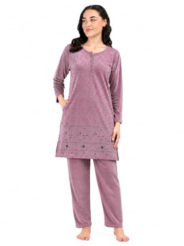 Duchess Women's Supersoft Velvet Printed Nightsuit for Winter wear
