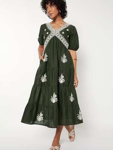 Max Women Embroidered Tiered Dress (Green_M)