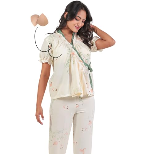 NoHook Korean Style Braless Cotton Nightsuit Set for Women | Floral Print Co-ord | in-Built Pads Beige
