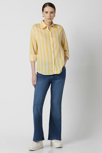 Women Yellow Stripe Long Sleeves Casual Shirt