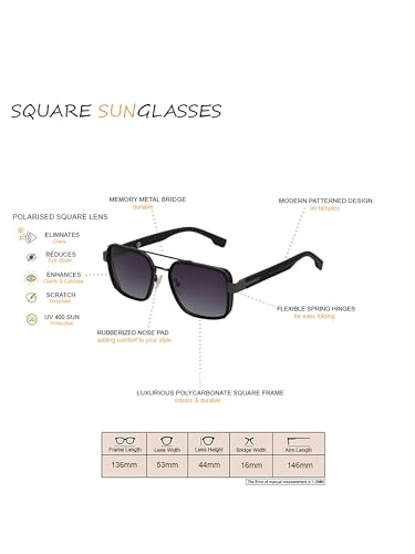 Carlton London Unisex Premium Metallic & Black Toned Grey UV with Polarized Lens Square Sunglass