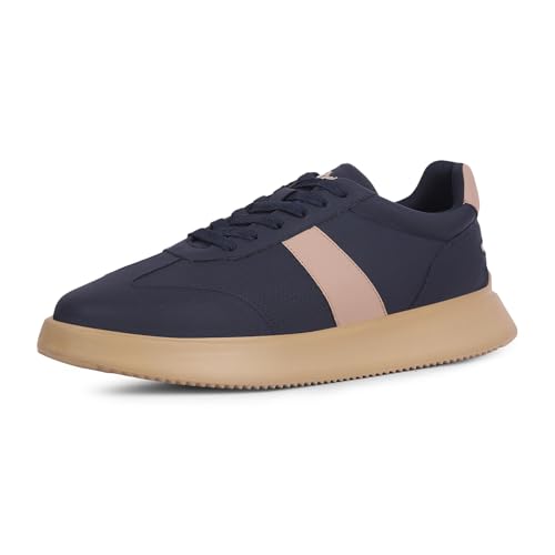 Lee Cooper Men’s Lace-Up Casual Sneakers with White Side Stripe, Perforated Detail & Cushioned Thick Sole – Lightweight Everyday Comfort Fashion Shoes | Navy, 45
