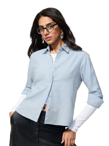 The Souled Store Cotton Linen: Skyven Women and Girls Full Sleeves Spread Collar Blue Striped Regular Fit Lightweight Easy to Style Everyday Office Wear Casual Cotton Linen Shirt