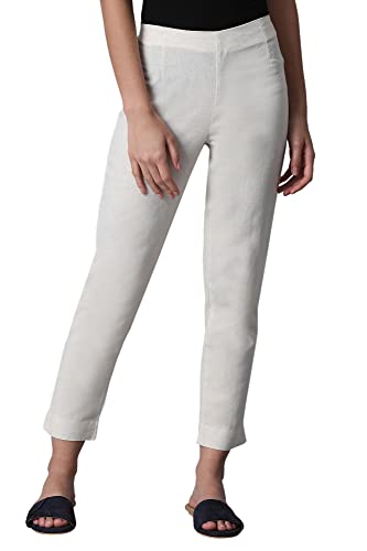 W for Woman White Solid Mid-Rise Cotton Flax Slim Pants (Size: S)-WCR60151-211345
