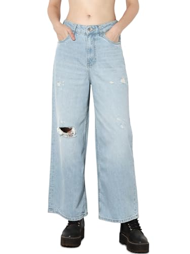 ONLY Women's Solid Wide Leg Mid-Rise Blue Jeans