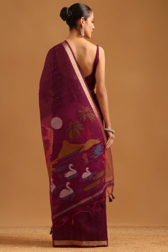 Soch Womens Wine Organza Woven Design Saree With Sequin