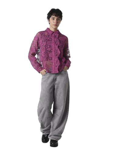 ONLY Women's Self Design Regular Fit Purple Shirt