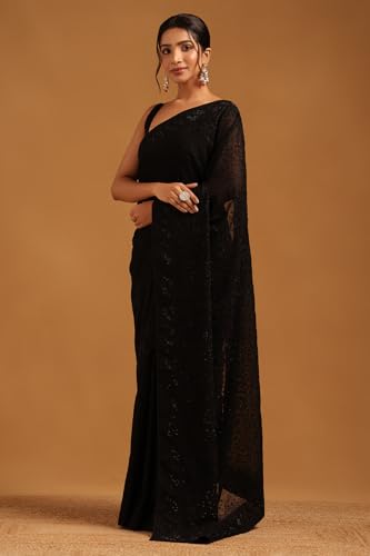 Soch Womens Black Georgette Botanical Saree With Stone Work