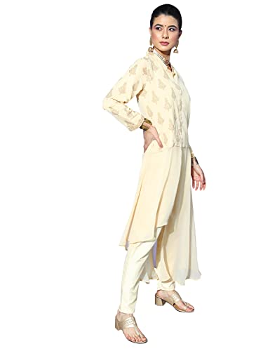 Ziyaa Women's Cream Georgette Asymmetric Kurta and Pant Set(ZIKUGR3757ANDPA-XL)