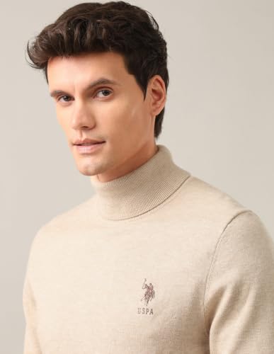 U.S. POLO ASSN. Men's Beige Solid Turtle Neck Long Sleeve Casual Acrylic Regular Fit Pullover Sweater USSWE2253Beige3XL