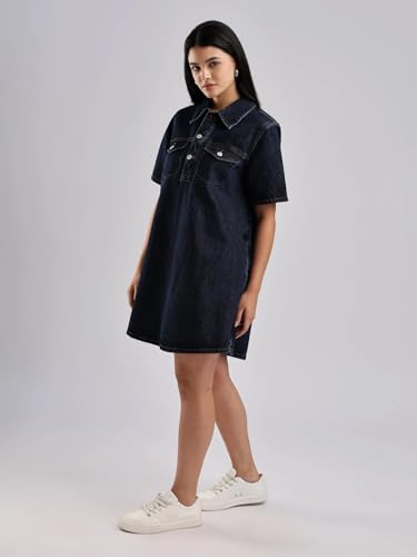 Calvin Klein Jeans Women's Cotton A-Line Above The Knee Casual Dress (47B073G401_Dark Ck Blue