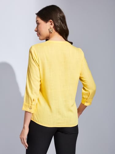 Latin Quarters Women Yellow Mandarin 3/4th Sleeves Solid Shirt Blouse for Casual Wear_M