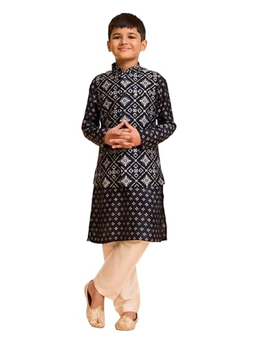 Manyavar Boys Blended Viscose Foil Print Kurta Jacket Pyjama Set (Black,12-14Y)
