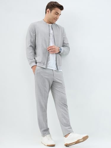 Park Avenue Men Neo Fit Structure Pattern Poly Viscose Blend Rib Collar Full Sleeve Formal Suit Grey