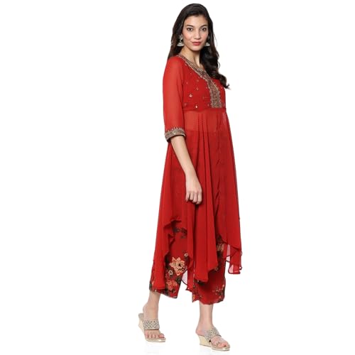 BIBA Women's Georgette Kurta Sets (SKDFLOROM10098AW24RED_Red