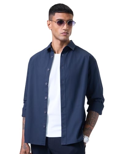 The Souled Store Midnight Silk Men and Boys Long Sleeve Spread Collar Navy Blue Solid Easy to Style Everyday Office Wear Stylish Casual Cotton Relaxed Shirt