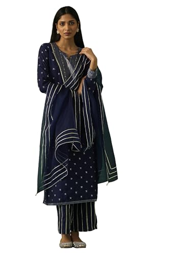 Wishful Women's Navy Blue Embroidered Straight Kurta with Straight Pant and Dupatta Set - (SP12862-401180-L)