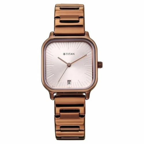 Titan Plain 3 Hands Work Wear Brown Round Dial Rose Gold Plating Stainless Steel Strap Womens Watch - 2786QM01