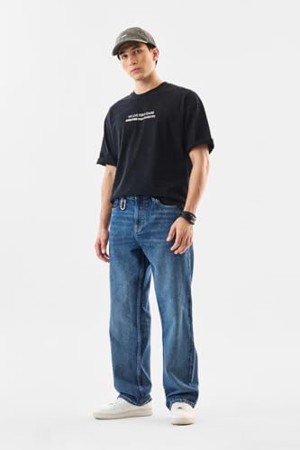 SNITCH Men Casual Jeans | Loose Fit Blue Mid Rise Stone-Wash Design | 100% Cotton Smooth Texture & Durable Stitching for Everyday Comfort & Style