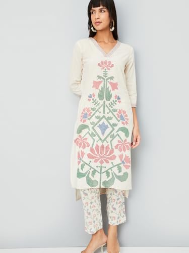Max Women Floral Print Straight Kurta Set (Off White_XL)