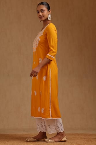 Soch Womens Mustard Rayon Ethnic Motifs Embroidered Kurta