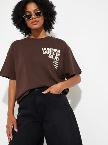 Max URB_N Women Printed Boxy Fit T-Shirt (Brown_L)