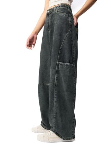 The Souled Store Mirage: Women and Girls Adjustable Waistband with Flex-Fit Tabs Charcoal Grey Washed Cotton Denim Barrel Fit Lightweight Breathable All-Season Everyday Denim Jeans