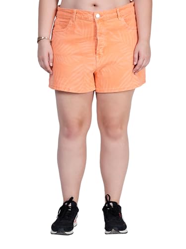 Plus Size Women Stretch Denim Regular Fit Shorts with Self Print- Length14.5 inch- HIGH RISE- Mint Green / Tangerine Orange color- Waist Size (M)30 to (8XL)48 inch (IN, Alpha, 5XL, Tangerine Orange)