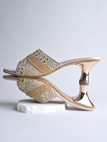 Shoetopia Women’s Rose-Gold Embellished Block Heel Sandals | Slip-On Party & Wedding Heels with Beaded Strap luxury footwear EU41