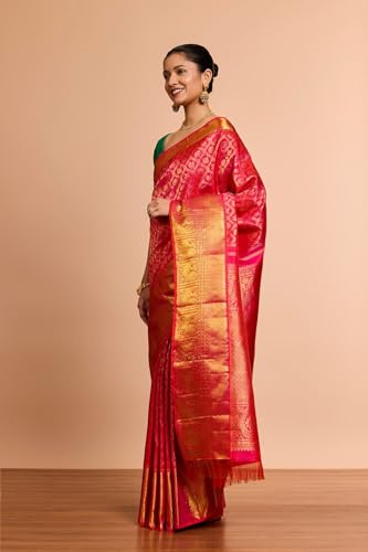Taneira Women Pink Pure Silk Woven Kanjeevaram Saree With Unstitched Blouse Piece (SAPH01AC5026-Pink)