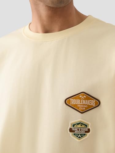 The Souled Store Tom & Jerry: Trekking Club Men and Boys Short Sleeves Round Neck Beige Graphic Printed Cotton Oversized T-Shirts
