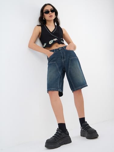 The Souled Store Bermuda Shorts: Stone Blue Women and Girls Buttoned Waistband Faded Cotton Blend Regular Fit Paneled Front Decorative Stitching Bermuda Shorts