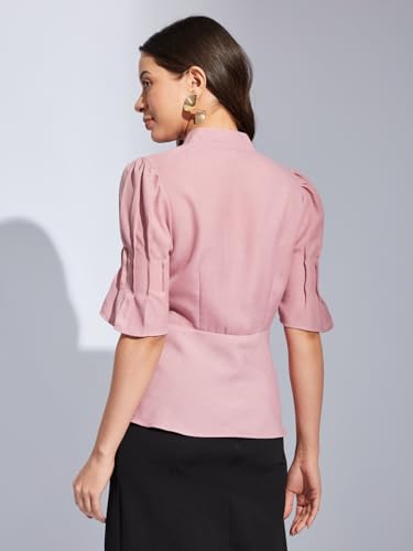 Latin Quarters Women Pink V-Neck Half Sleeves Solid Top Blouse for Casual Wear_XL