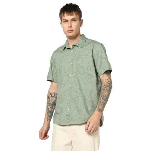 Men Floral Spread Collar Half Sleeve Shirts, Green, M