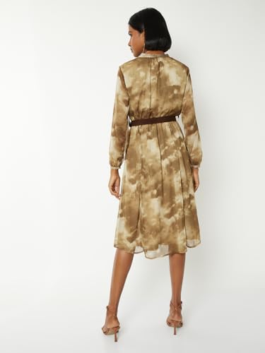 Max Women Printed A-line Dress with Belt (Beige_XXL)