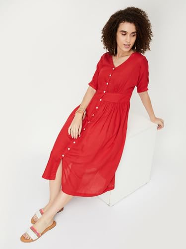 Max Women Solid V-Neck Fit and Flare Dress (WDRS33007RUBY)_XS, Below The Knee