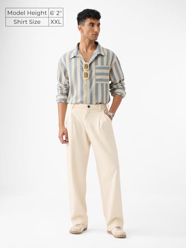 The Souled Store Cotton Linen Stripes: Coastal Men and Boys Long Sleeves Collared Neck Button Front Regular Fit Cotton Linen Shirts