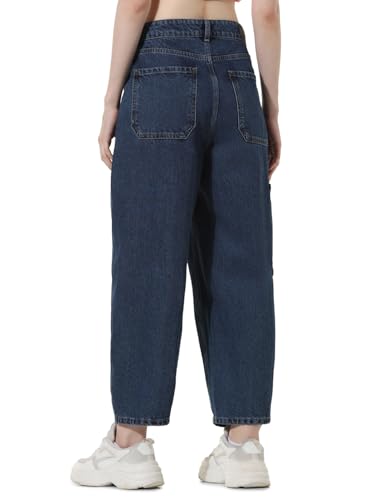 ONLY Women Washed Cotton Loose Fit High Rise Blue Jeans