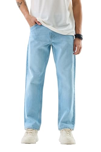 SNITCH Men Jeans | Relaxed Fit Mid Rise Solid Pattern | 100% Cotton Woven Fabric with Button Closure & Five Pockets | Durable & Comfortable Casual Wear |Light Blue