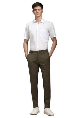 Men Olive Slim Fit Stripe Flat Front Casual Trousers