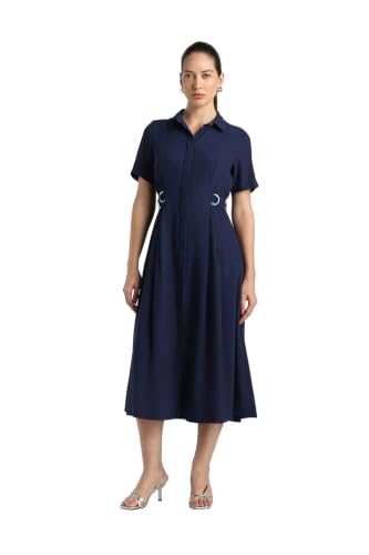 Women Navy Solid Calf Length Formal Dress