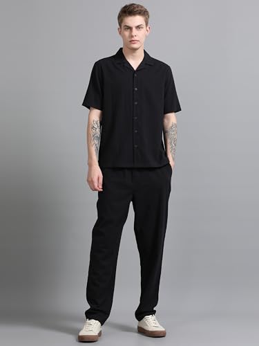 StitchX Men’s Airport Look Textured Seersucker Resort Cotton Shirt & Trouser Co-Ord Set Midnight Black-XL