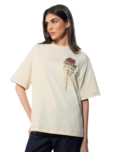 The Souled Store Serendipity Women and Girls Short Sleeves Round Neck Cream Embroidered Cotton Oversized Premium Fabric Breathable Oversized T-Shirt