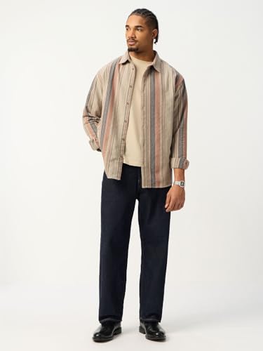 The Souled Store Canyon Men and Boys Long Sleeve Spread Collar Beige Striped Cotton Blend Lightweight Everyday Office Wear Easy to Style Casual Relaxed Shirt