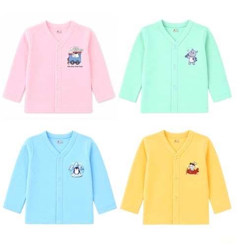 Lush Plush Baby Boys & Girls Cotton Full Sleeves Jhabla Vest | Front Open with Buttons | Lightweight & Breathable Fabric | Pack of 4 | Pastel Shades | 9-12 Months