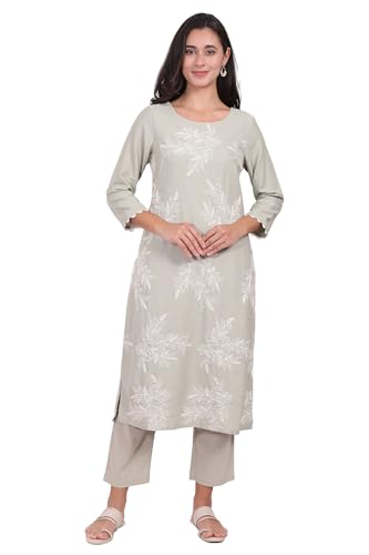 W for Woman Green Floral Printed Embroidered Rayon Straight Kurta and Pants Set - (WS13697-401078-3XL)