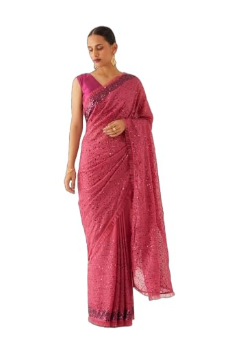 Taneira Pink Viscose Organza Embroidered SareeWith Unstitched Blouse(SPG07I00101-Pink)