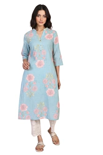W for Woman Floral Print Straight Rayon Kurta - Blue (W13511-127087-L)